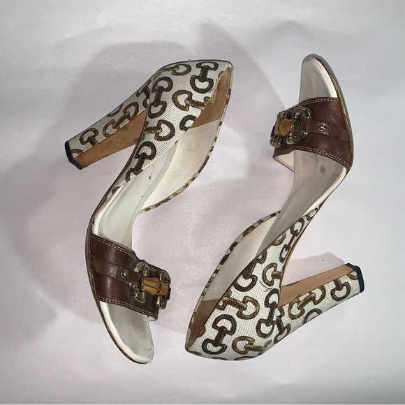 GUCCI size 39B cream linen block heel d'Orsay pumps with bamboo accent at vamp - Picture 14 of 14